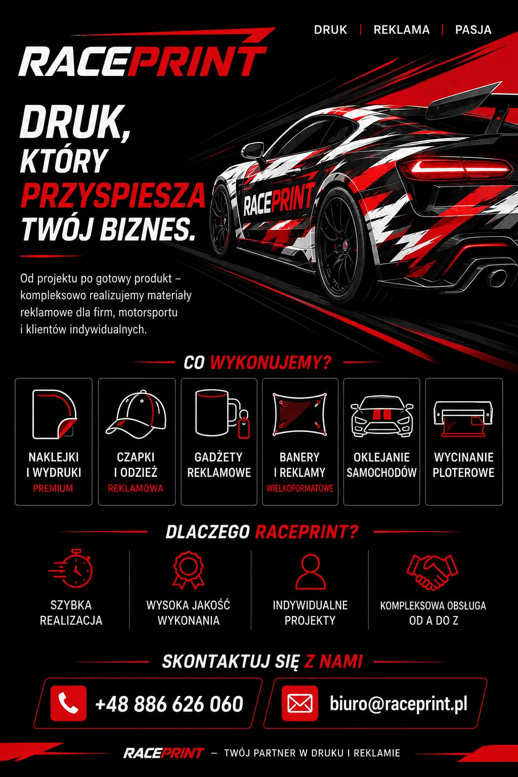 Raceprint — druk, reklama i pasja. Oferta usług poligraficznych i reklamowych.